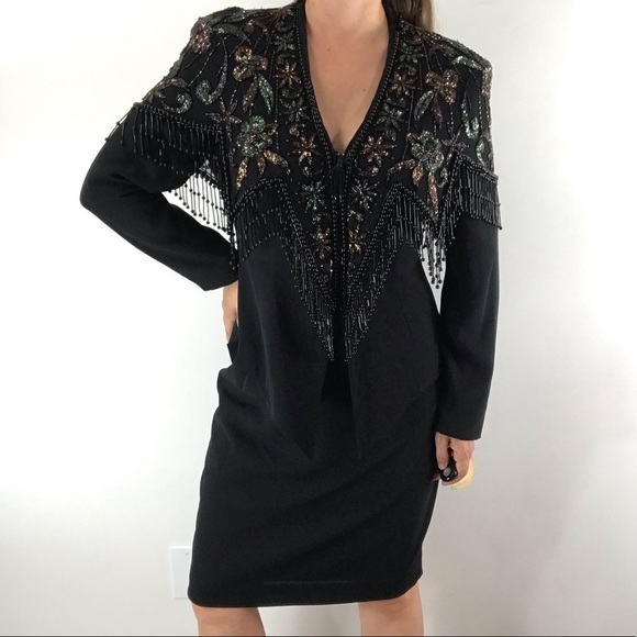 CASADEI Vintage Black Beaded Floral Fringe Cocktail Blazer Jacket Skirt Suit Set - Picture 16 of 16